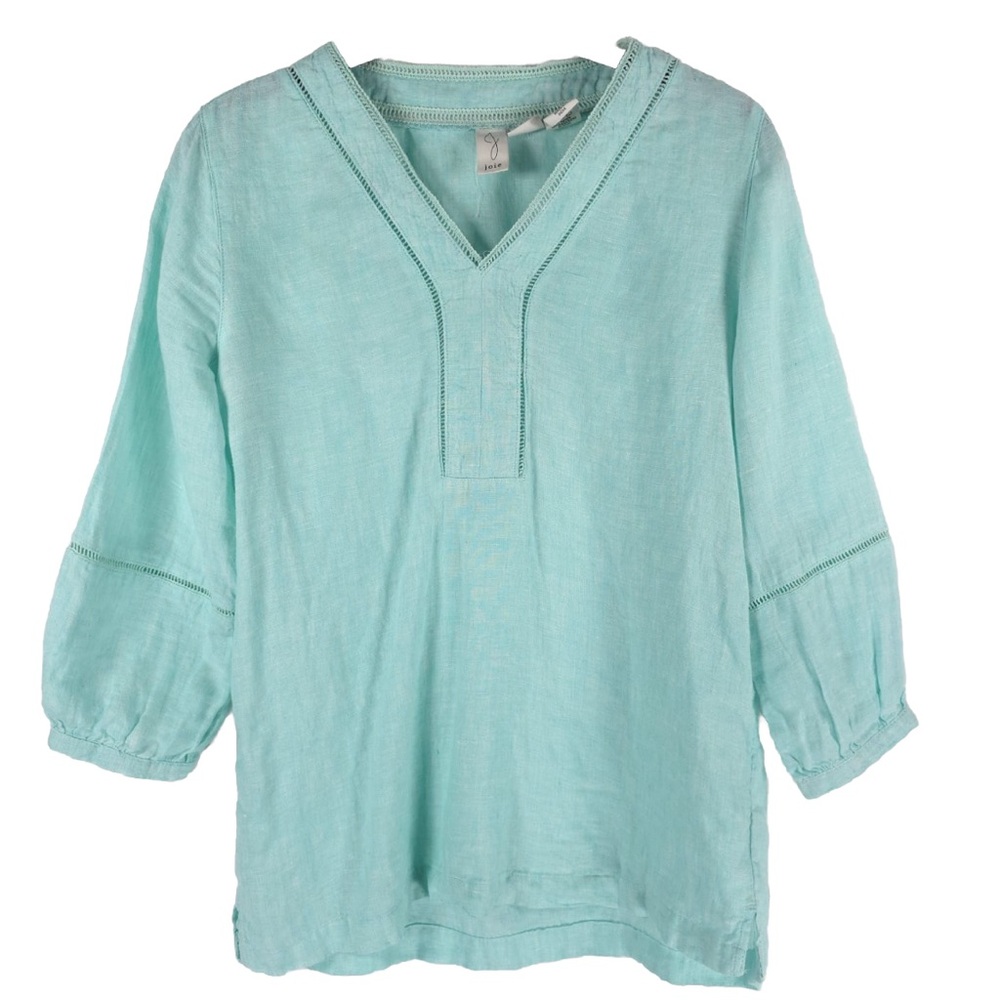 Joie 100% LINEN Tunic Top Blouse Pullover Light Turquoise Embroidered Size XS